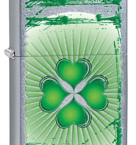 Chrome Silver/Green  Four Leaf Clover Hear Design Zippo Lighter